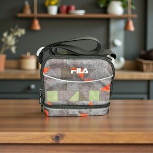 FILA Gray Orange Lunch Bag 3 Pockets Wide Adjustable Strap Insulated Lining Used